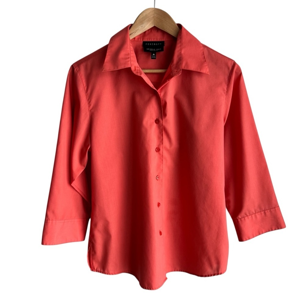 Foxcroft Wrinkle Free Shaped Blouse Sz 8 Pinky Orange Button Up Shirt Top Office